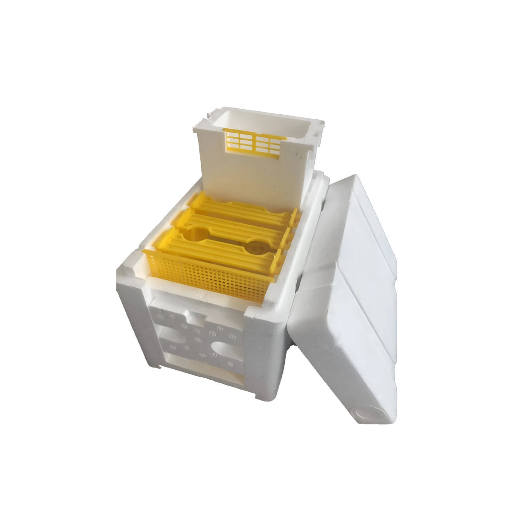 Three white EPS foam mini delivery boxes for bee breeding and hive management.