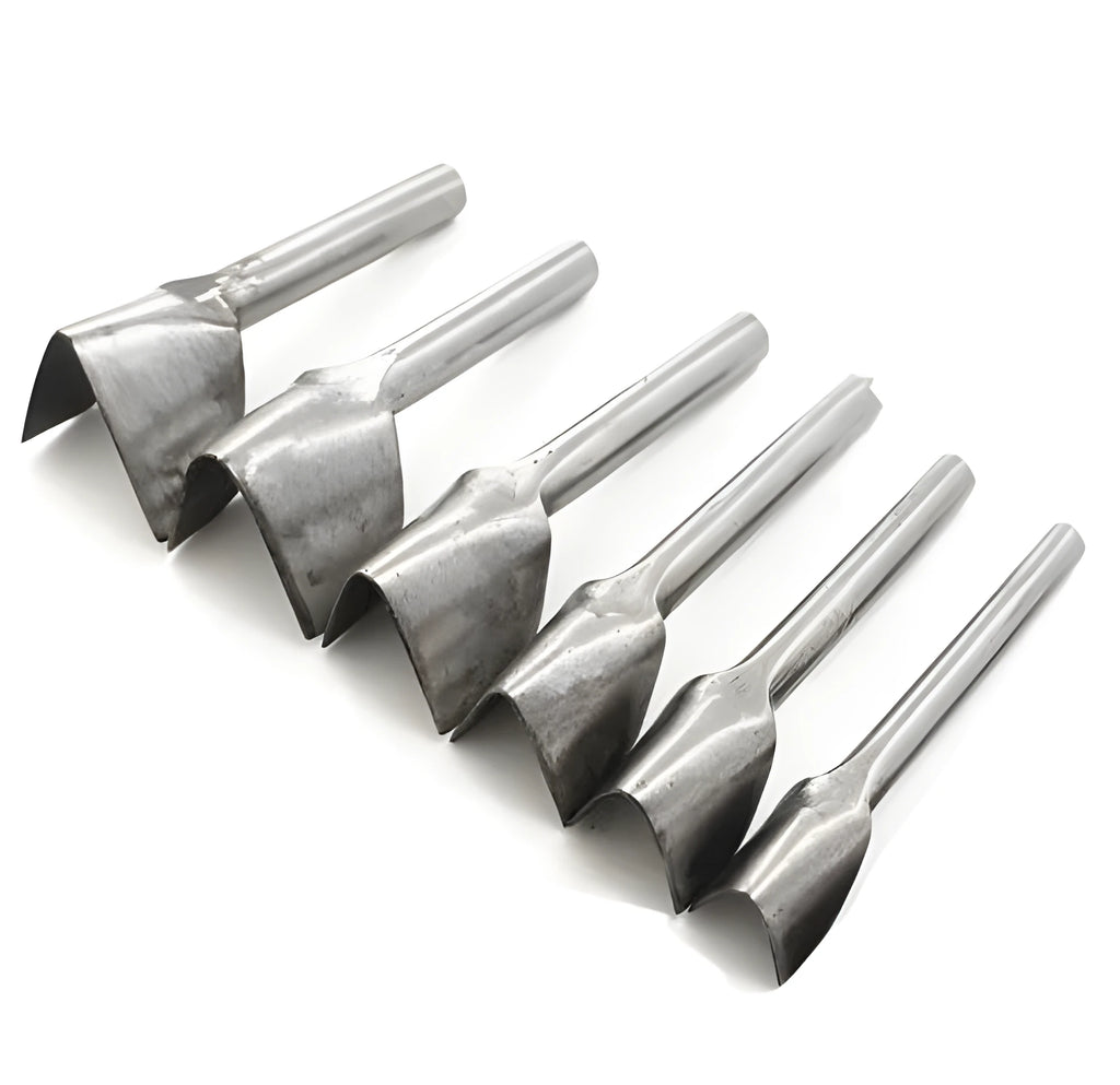 Six steel leather craft punch tools with half-round and V-shaped heads ranging from 15mm to 40mm in size.