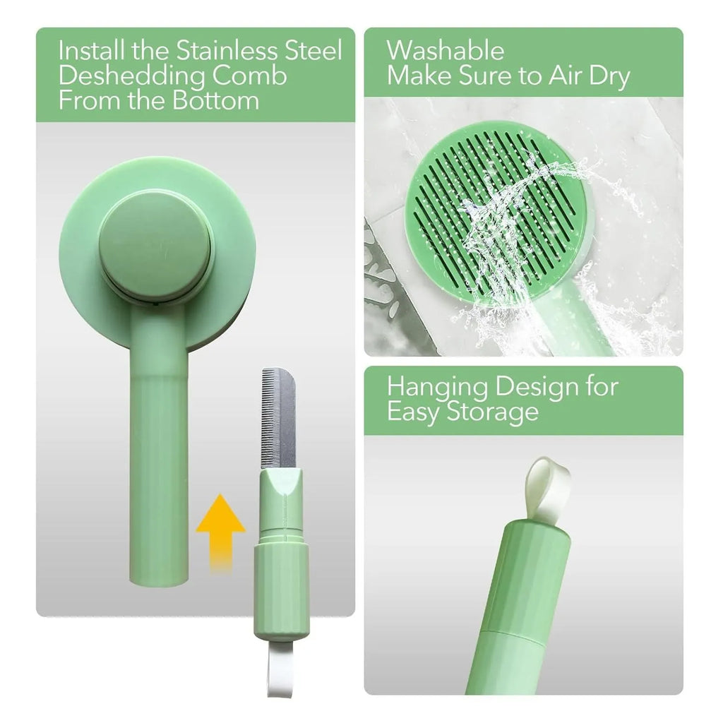 Green and yellow 2-in-1 pet grooming brush with stainless steel teeth for deshedding cats and dogs