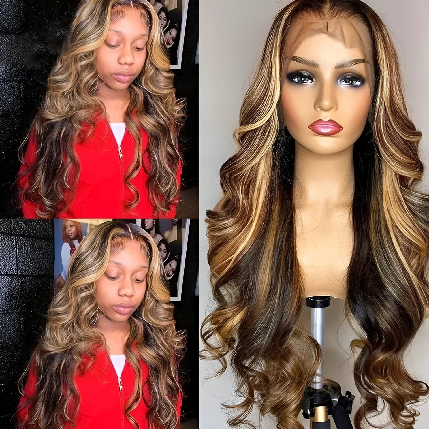 Front lace wig with gradient colour effect showing long curly synthetic hair in black and piano tones