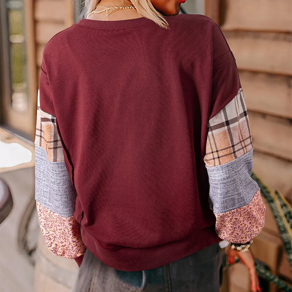 Women's plaid stitching long-sleeved pullover top in apricot and red colours