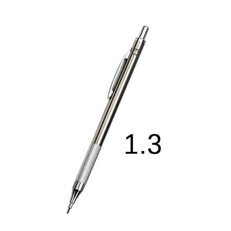 Metal automatic mechanical pencil with five lead size options displayed with 2B refills