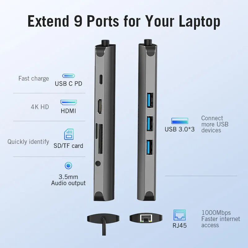 Deep grey USB C to HDMI adapter with multiple ports including ethernet and USB 3.0