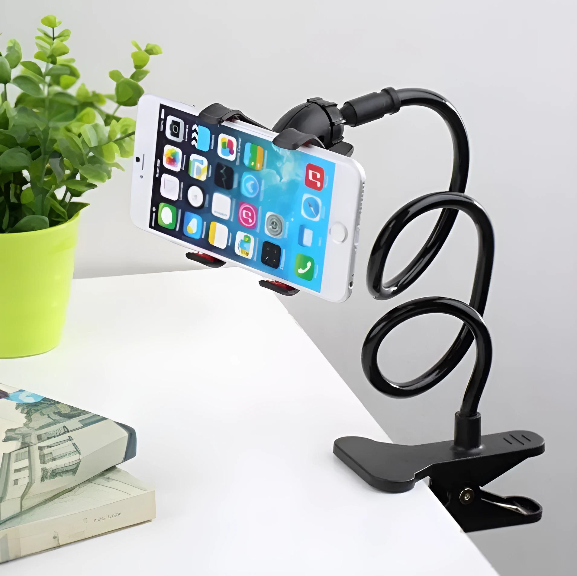Black flexible mobile phone holder with 70cm arm and V-clamp for bedside or desk mounting