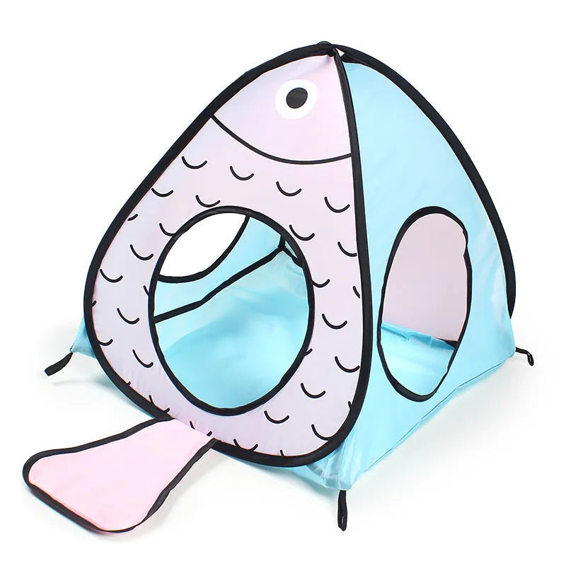 Foldable grey pet tent and tunnel set with cat and fish illustrations for indoor cat play.