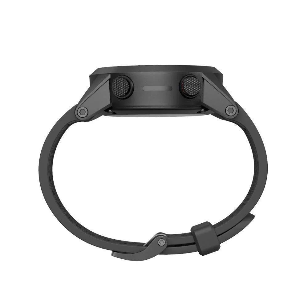 Jiaming watch replacement strap with black silicone and stainless steel buckle showing 26mm width