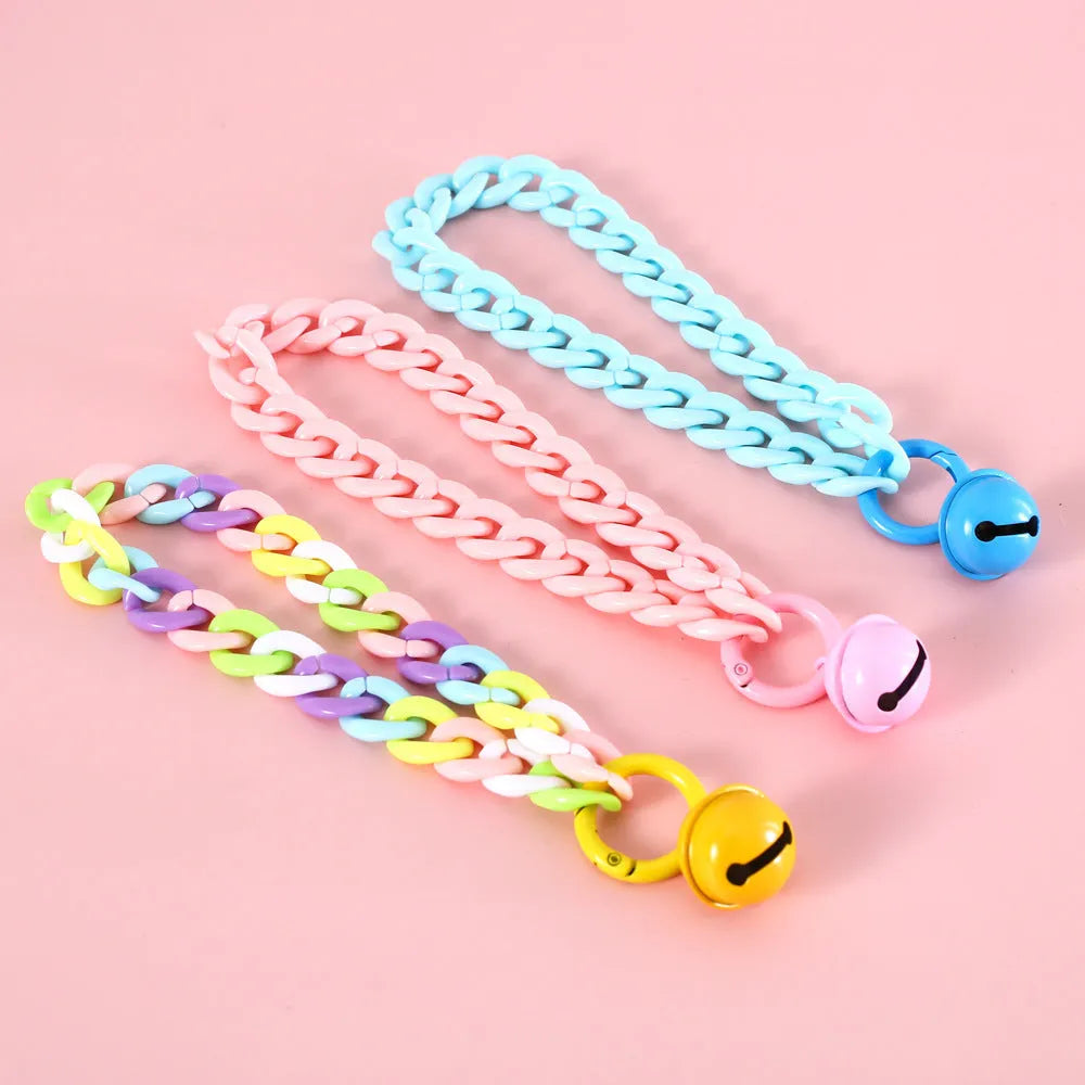 Plastic pet collar in macaron candy colours showing chain blue, pink, and mixed colour options for cats, dogs, and rabbits