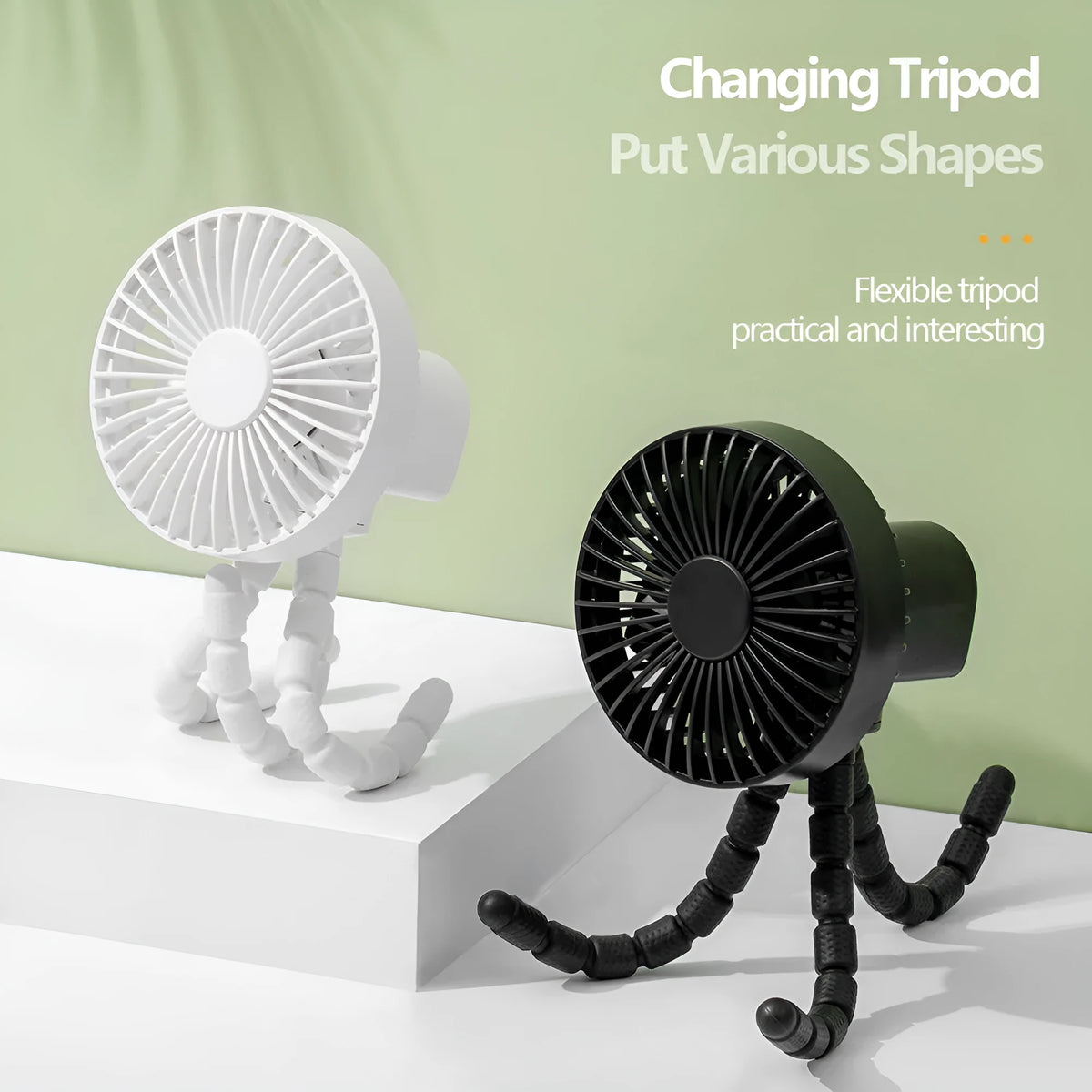 Small rechargeable desktop fan with adjustable tripod and multi-function handle, in black, green, pink, or white.