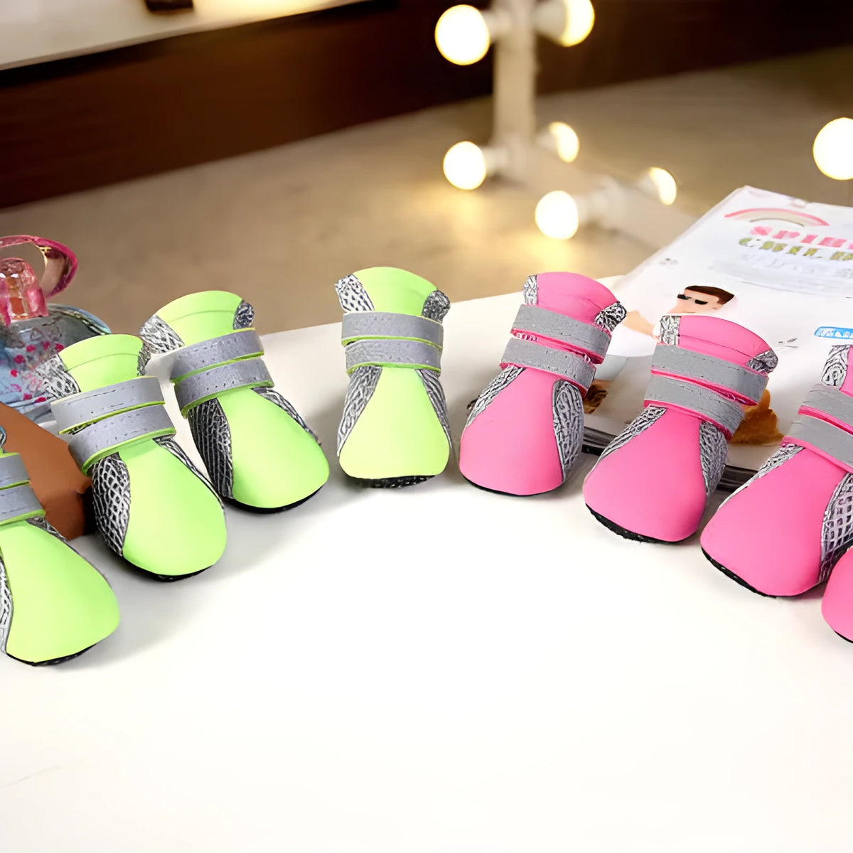 Waterproof dog shoes with reflective double magic wand strap, breathable mesh and rubber sole, in pink, black or green