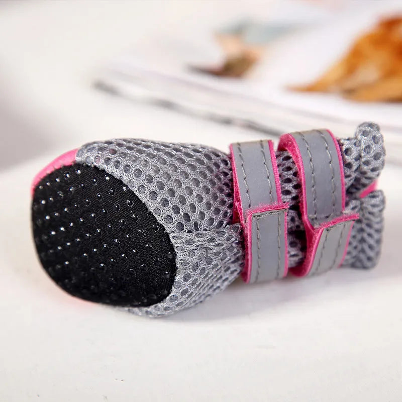 Waterproof dog shoes with reflective double magic wand strap, breathable mesh and rubber sole, in pink, black or green