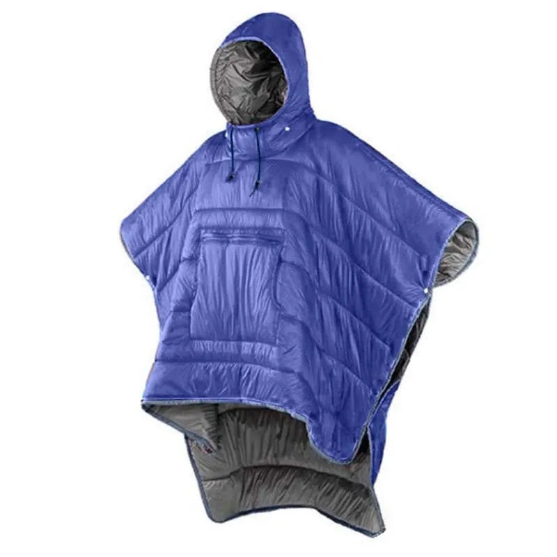 Army green outdoor cloak sleeping bag with wearable design shown in both cloak and sleeping bag configurations