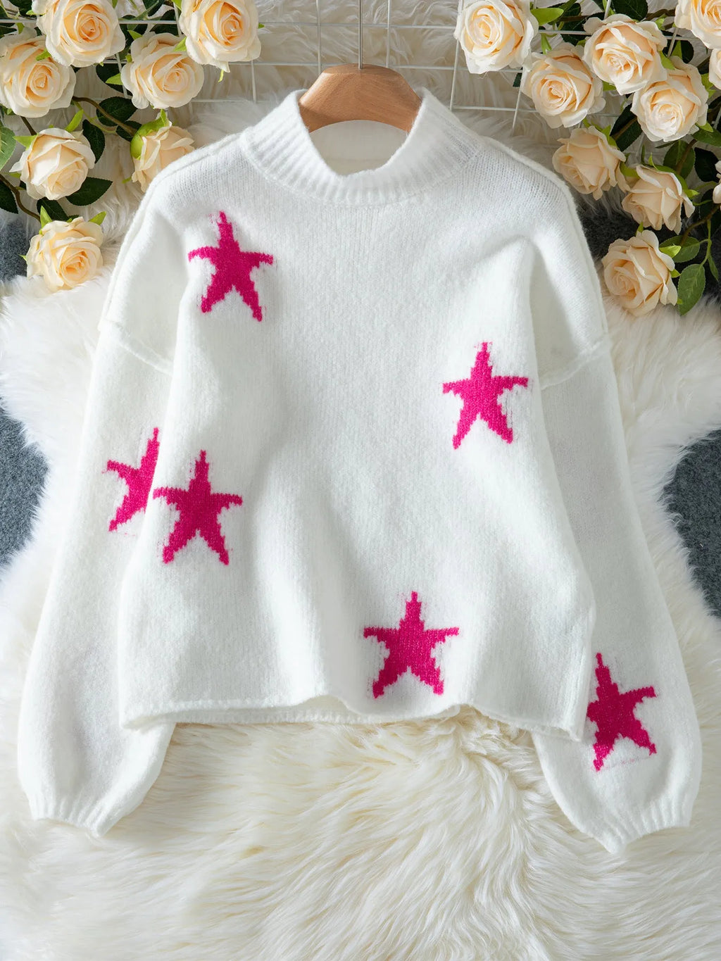 White women's turtleneck pullover with five-pointed star pattern and velvet-like fabric