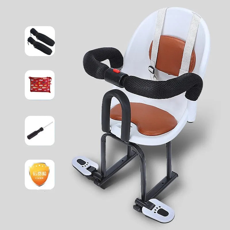 Front baby safety seat attachment for battery scooters with high carbon steel frame