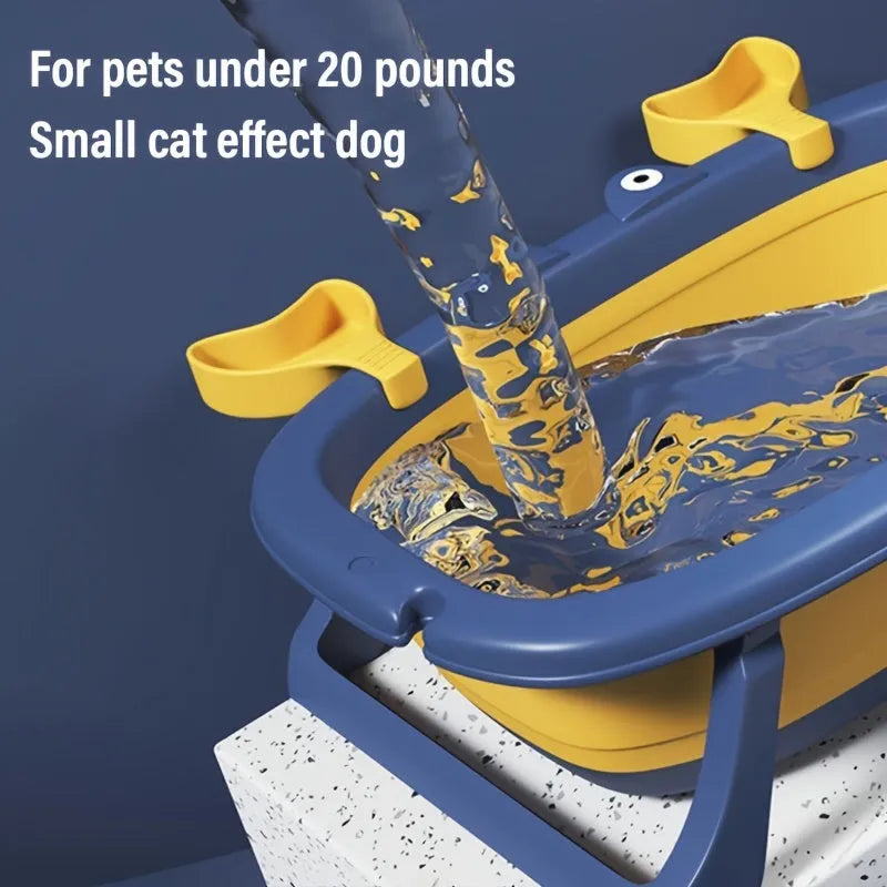 Blue foldable portable plastic tub for washing a small dog or cat.