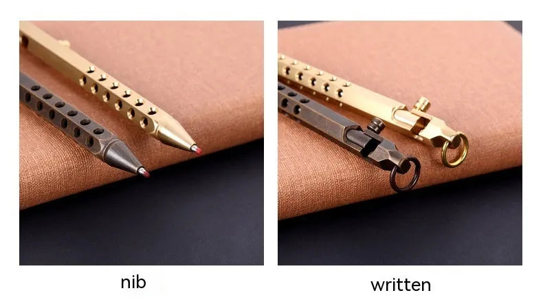 Brass hexagonal bolt pen with 0.5MM refill in natural or black finish measuring 13cm