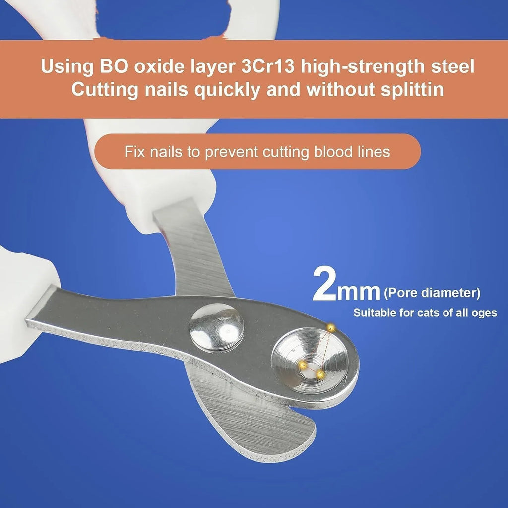Blue cat nail clippers with circular cut hole and cushioned non-slip handles on a white background.