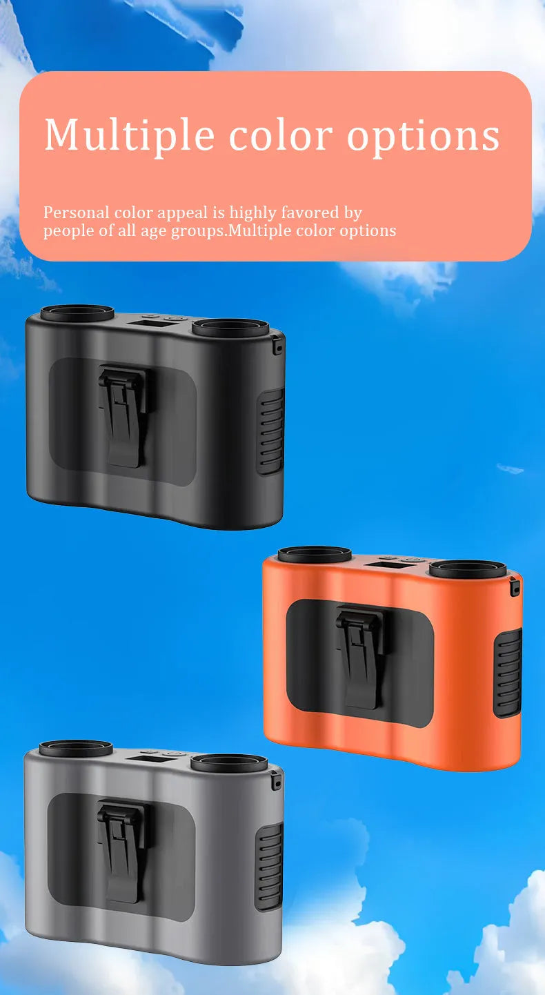 Black waist-hung personal portable fan with lanyard, showing five-blade turbine and top control button.