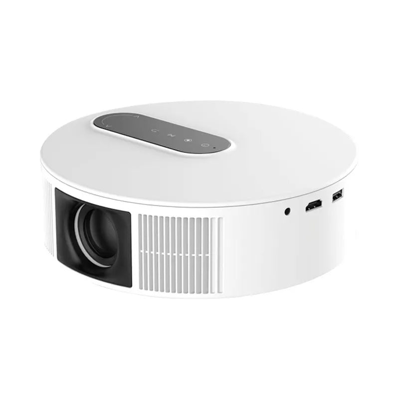 White 720p HD home cinema projector with remote control on a table.