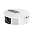 White 720p HD home cinema projector with remote control on a table.