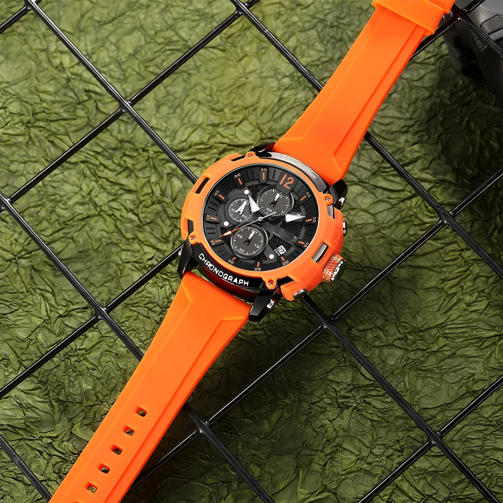 Men's black waterproof quartz watch with luminous display and calendar showing 51mm case