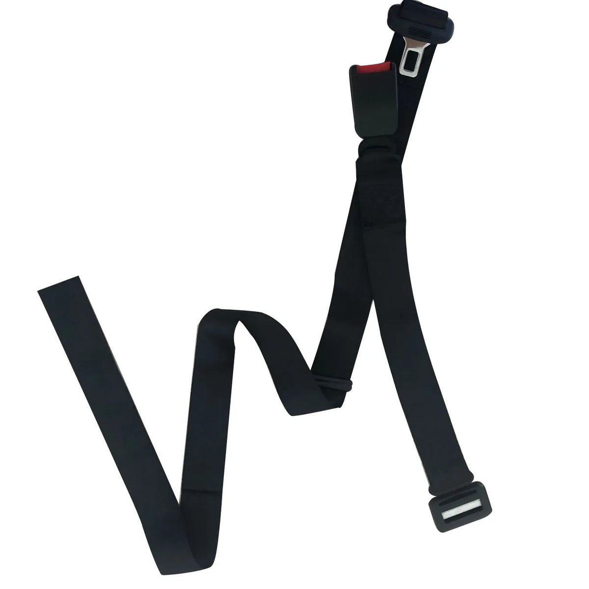 Adjustable black maternal car seat belt support with press buckle, shown wrapped around a vehicle seat belt.