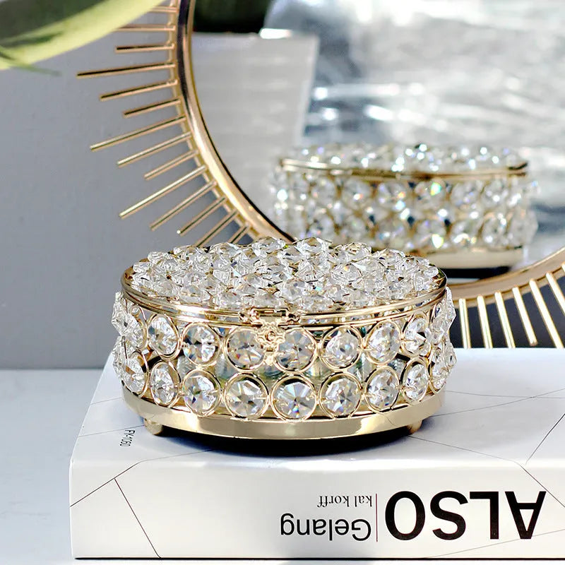 French gold jewelry storage box with crystal glass transparent lid on iron frame