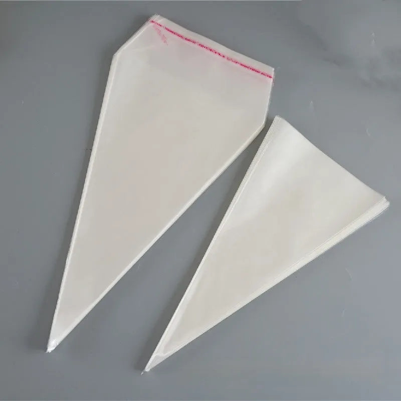 Clear triangle plastic packaging bag with twisted tie wire closure shown next to untied bag