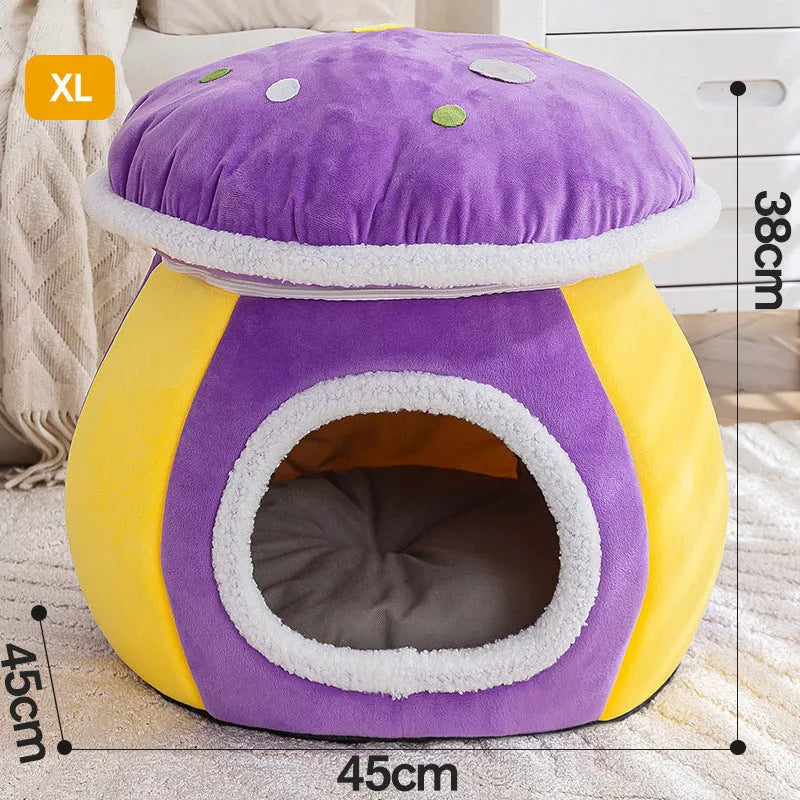 Mushroom-shaped plush cat bed in grey, pink, or purple colours with thermal construction