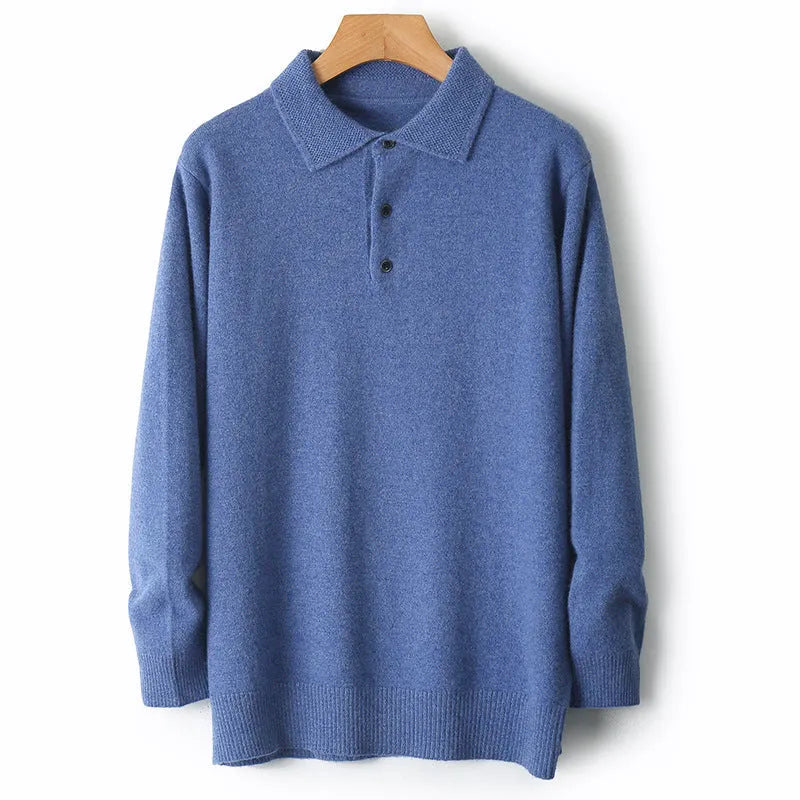 Men's woolen polo collar sweater pullover in black with long sleeves and stitched craft detail