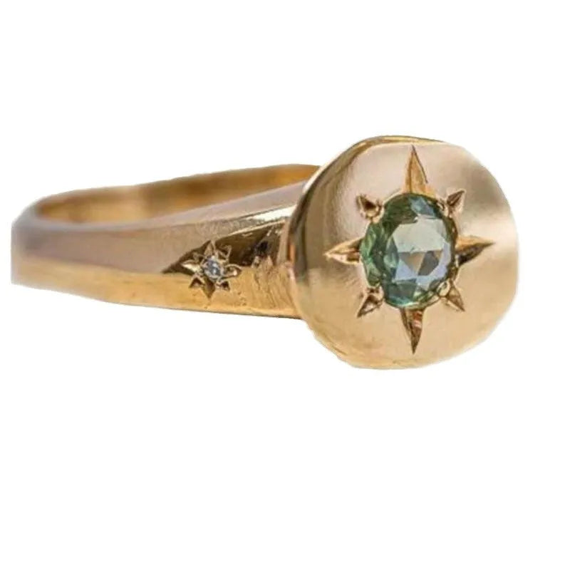 Adjustable gold ring with oval asterism zircon star shape centrepiece on zinc alloy band