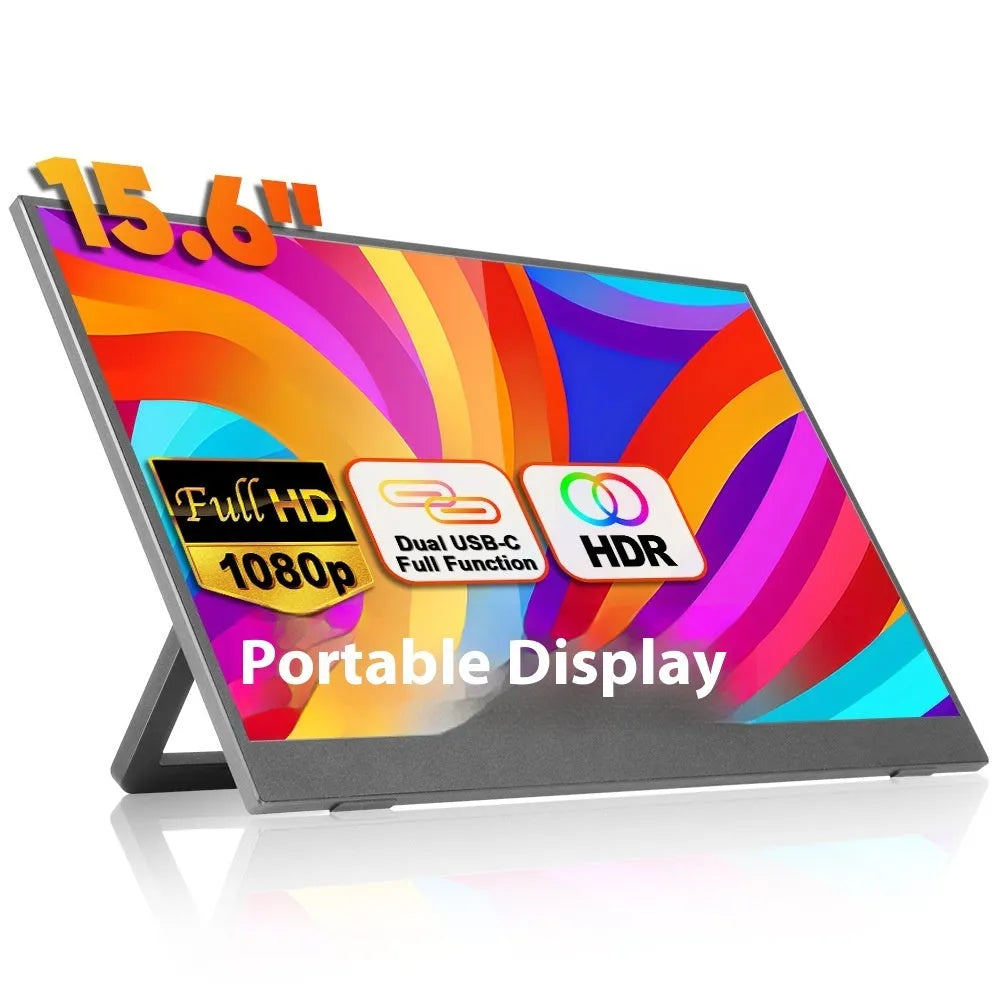 Black 15.6-inch portable monitor with adjustable stand on desk