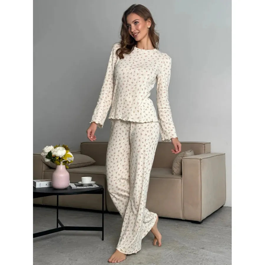 White women's floral print bell sleeve top and wide leg pants loungewear suit set
