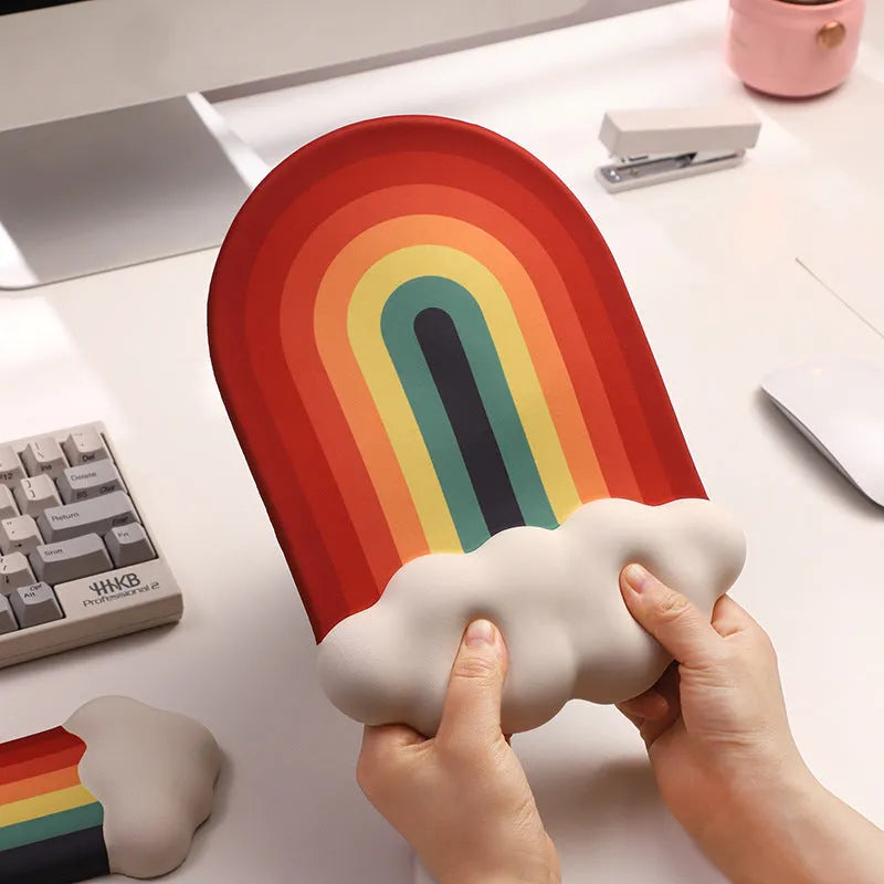Silicone wrist rest mouse pad and matching keyboard support with cloud pattern design on desk