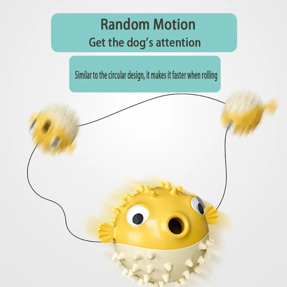 Green fish-shaped interactive dog chew toy with textured surface and internal bell.
