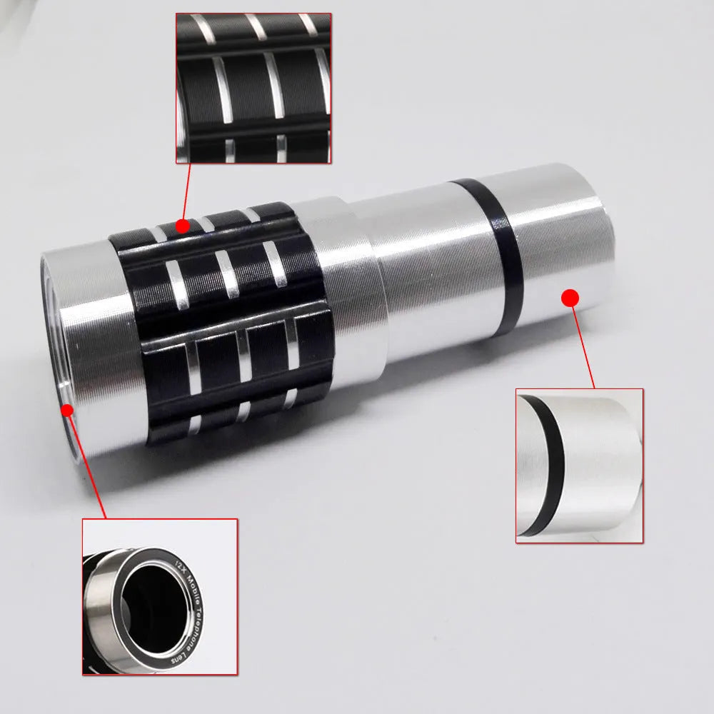 12x telescopic zoom lens with universal clip attached to a mobile phone for outdoor filming.