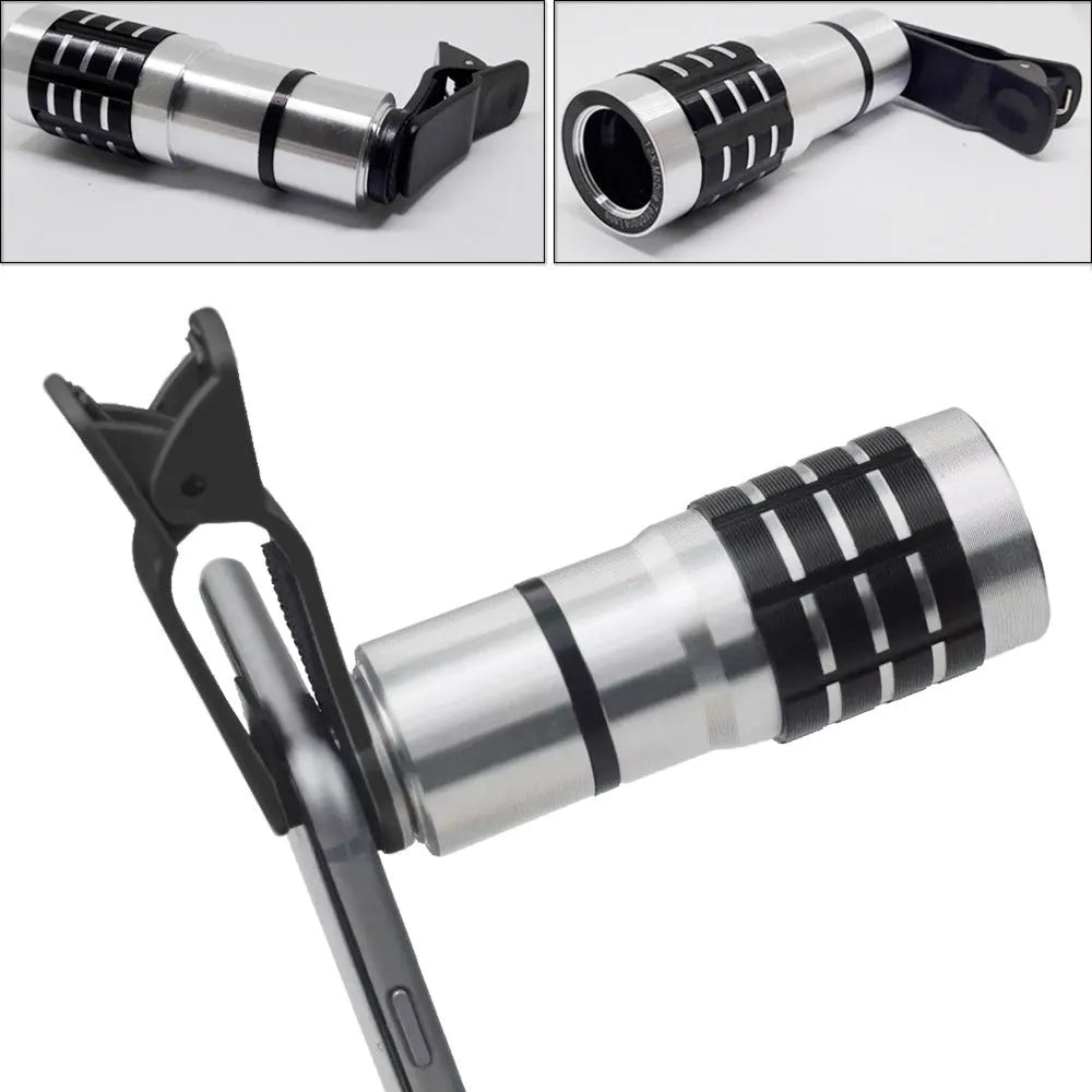 12x telescopic zoom lens with universal clip attached to a mobile phone for outdoor filming.