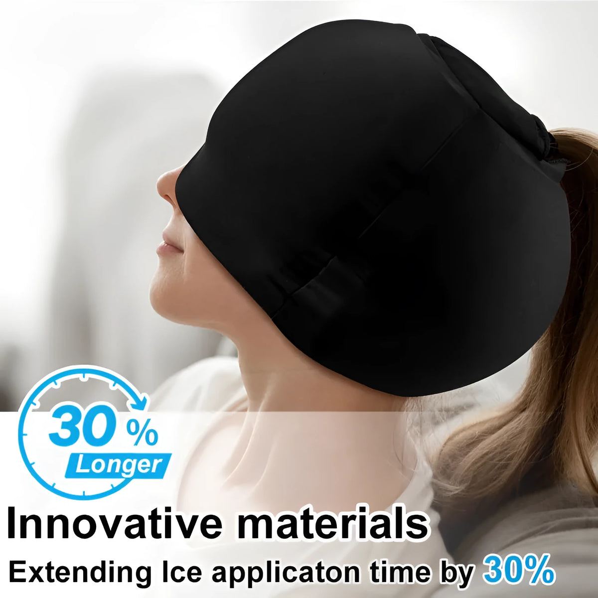 Simple solid colour cold compress cap in black, dark blue, or pink, showing its fully enclosed polyester design.