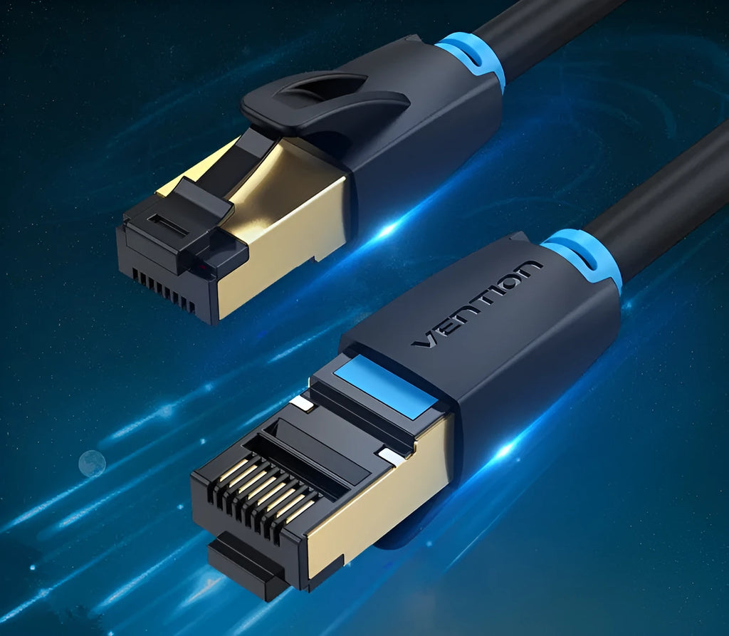 CAT8 high-speed network cable showing flat and round style options with RJ45 connectors