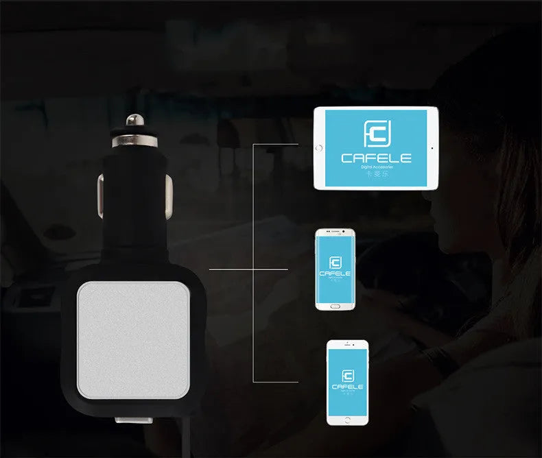 Black and gold dual USB car charger with retractable cable for vehicle charging