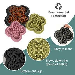 Silicone pet licking pad slow feeder mat in blue on a kitchen floor