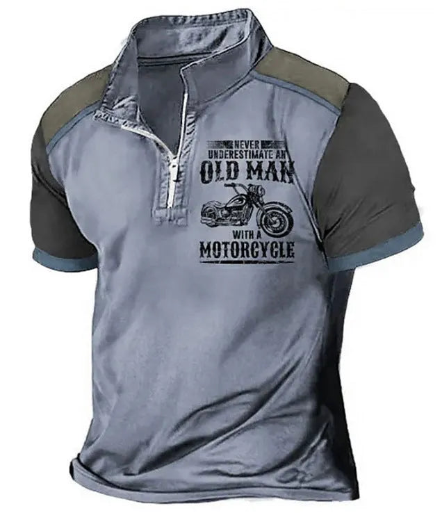 Men's lapel collar polo shirt with digital letter pattern print and zip decorations