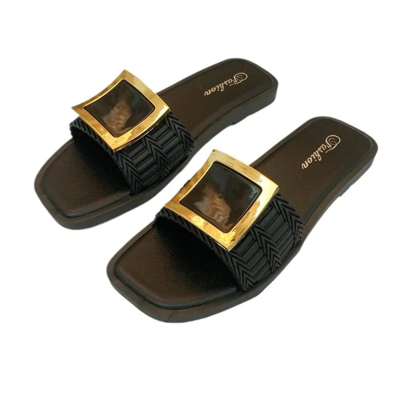 Women's casual flat summer slippers in apricot, black, or khaki with a PVC sole.