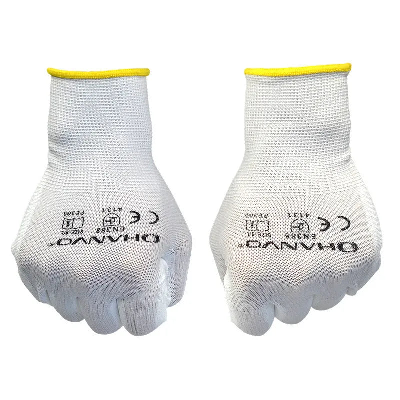 White PU-coated work gloves showing flexible construction and 24 cm length with wrist coverage