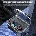 Black Bluetooth wireless headset with charging case showing earpieces stored in compact case