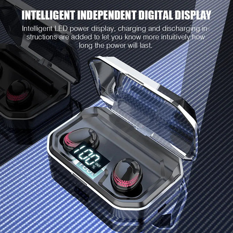 Black Bluetooth wireless headset with charging case showing earpieces stored in compact case