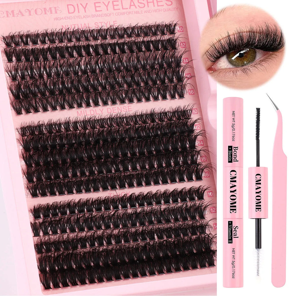 DIY false eyelashes extension kit showing single cluster synthetic lashes and lash tweezers