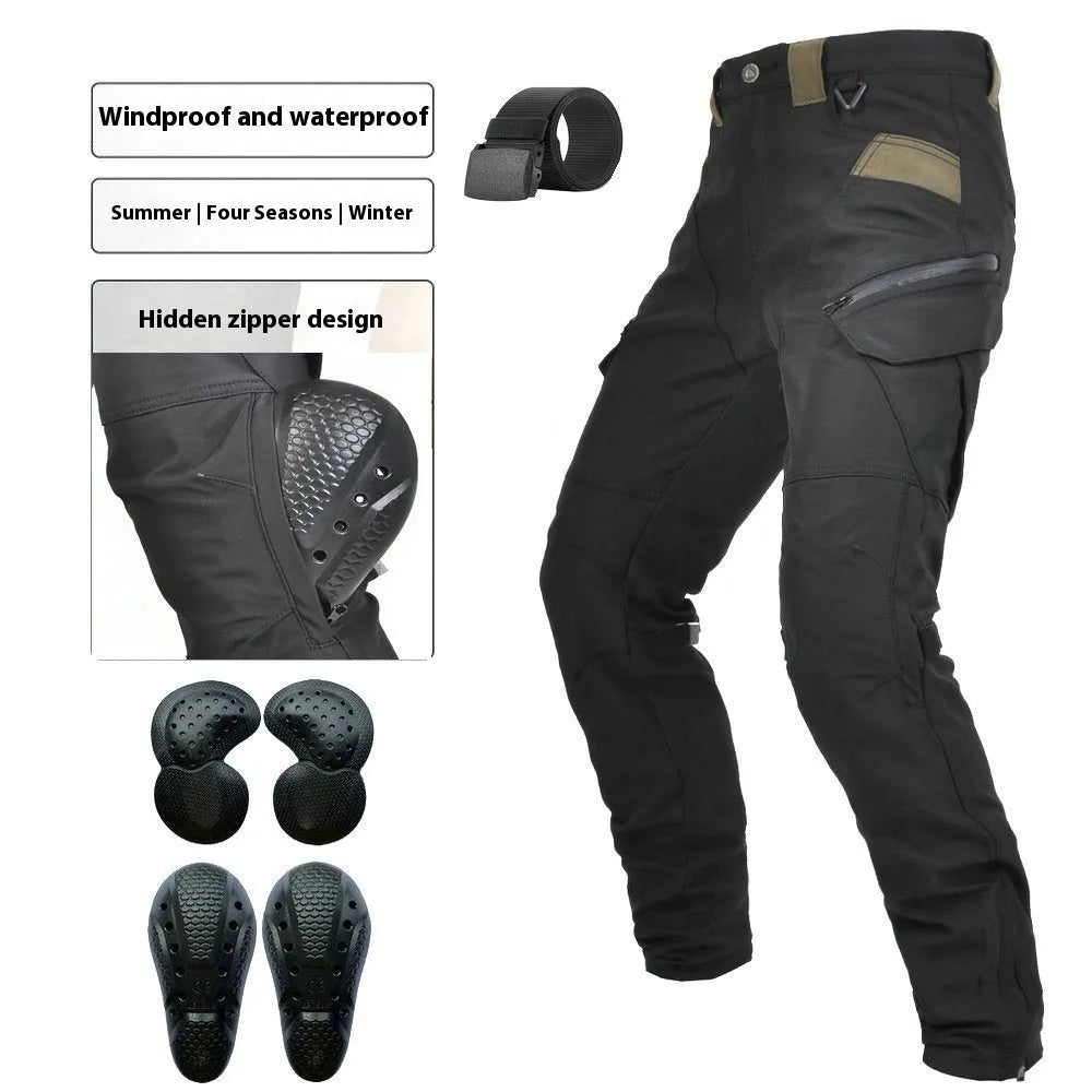 Men's waterproof motorcycle cycling trousers in black or green with belt and protective gear set