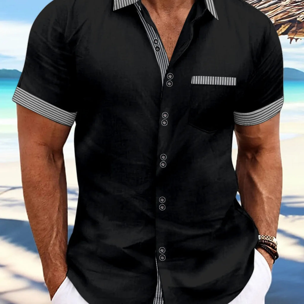 Pure cotton slim fit striped casual shirt with double buttons and short sleeves