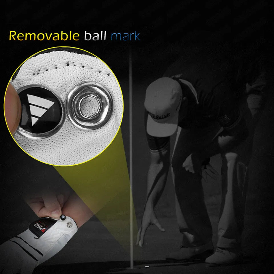 Summer thin section golf glove in real sheepskin leather with anti-skid particles, breathable pores and Velcro closure.