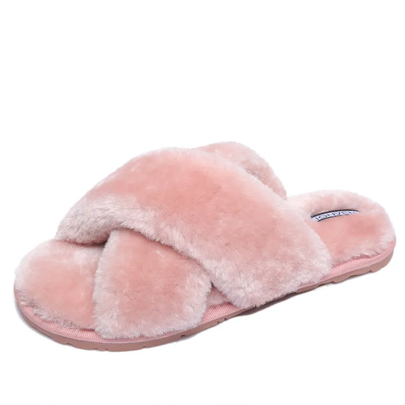 Women's black cross open-toe fur slippers with a patterned non-slip sole.